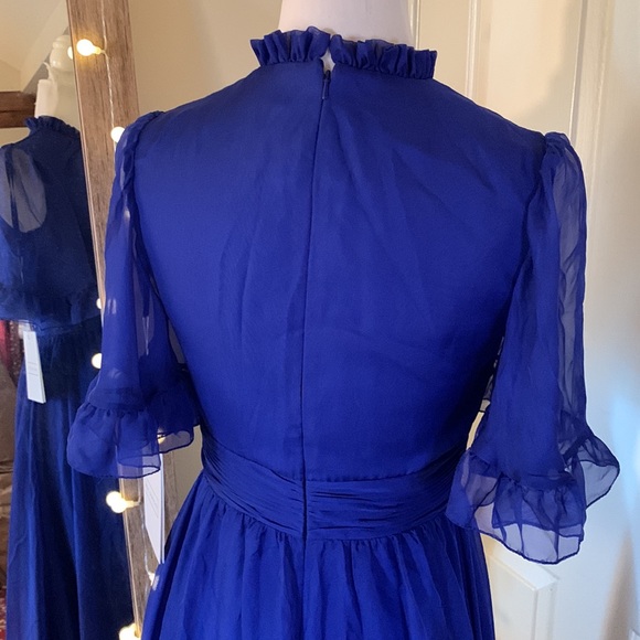 MAC DUGGALRuffled High Neck Flutter Sleeve High Low Hem Gown